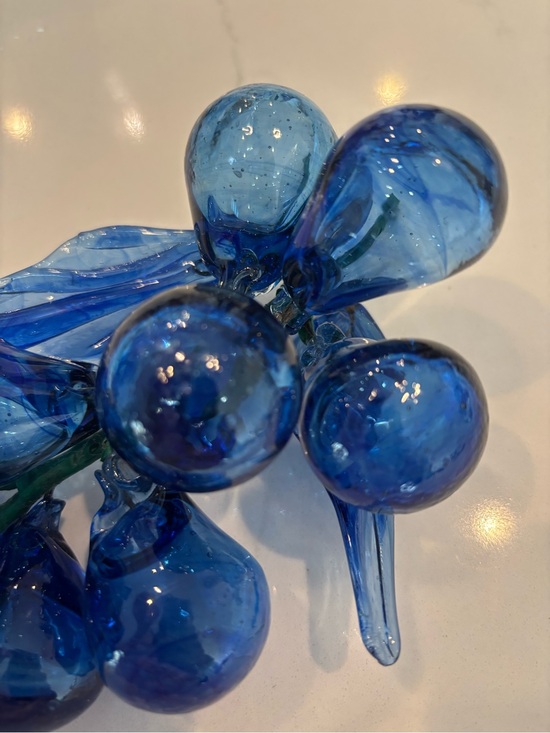 MCM Handmade Glass Blue Grape Cluster With Clear Glass Leaf  Blue Glass Grape Cluster Decorative Sculpture